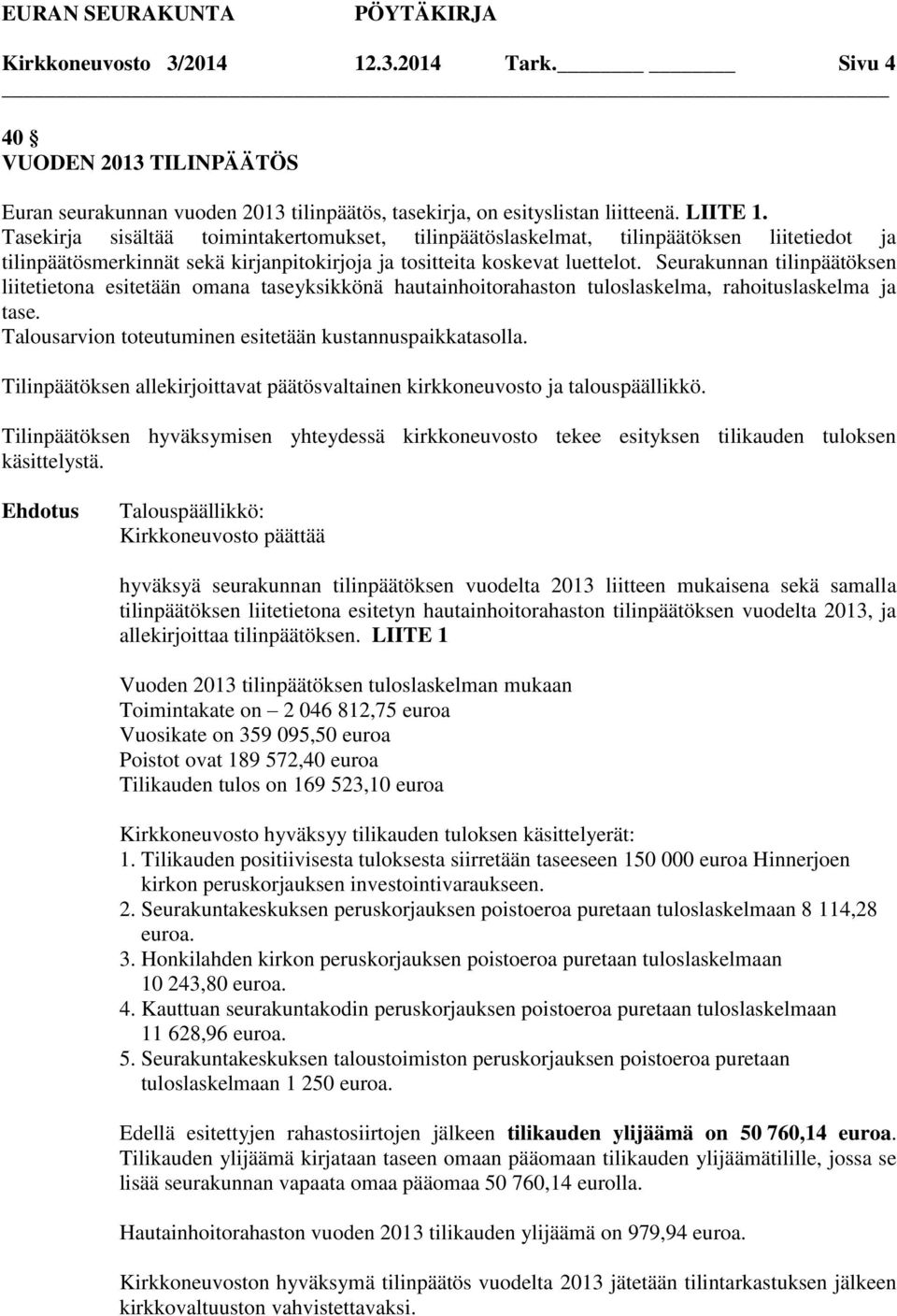 Seurakunnan tilinpäätöksen liitetietona esitetään omana taseyksikkönä hautainhoitorahaston tuloslaskelma, rahoituslaskelma ja tase. Talousarvion toteutuminen esitetään kustannuspaikkatasolla.