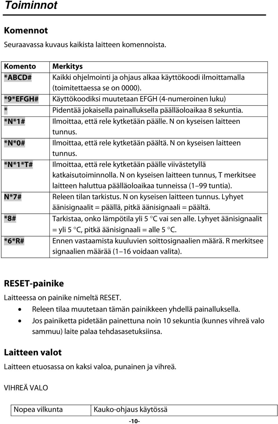 *N*0# Ilmoittaa, että rele kytketään päältä. N on kyseisen laitteen tunnus. *N*1*T# Ilmoittaa, että rele kytketään päälle viivästetyllä katkaisutoiminnolla.