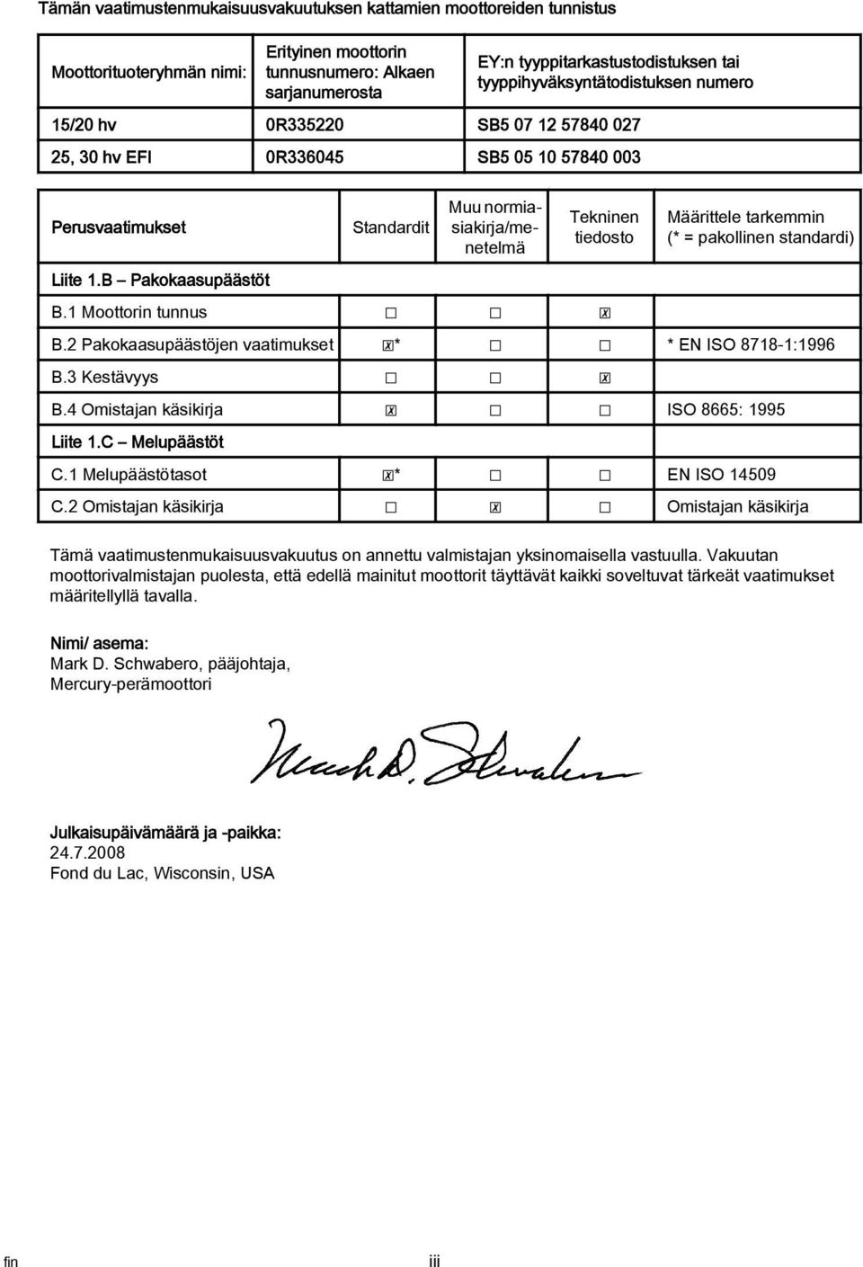 trkemmin (* = pkollinen stndrdi) Liite 1.B Pkoksupäästöt B.1 Moottorin tunnus B.2 Pkoksupäästöjen vtimukset * * EN ISO 8718-1:1996 B.3 Kestävyys B.4 Omistjn käsikirj ISO 8665: 1995 Liite 1.