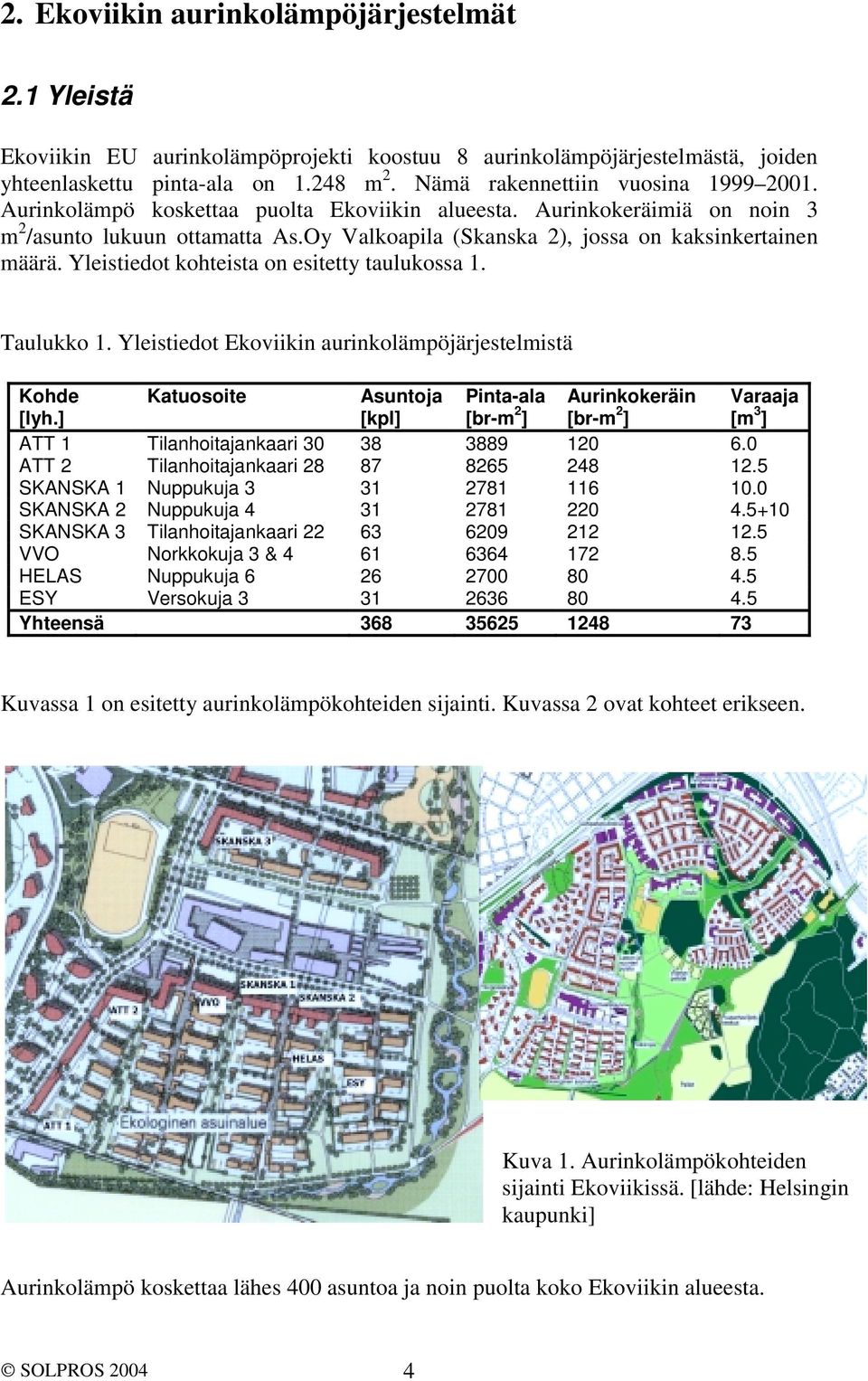 Oy Valkoapila (Skanska 2), jossa on kaksinkertainen määrä. Yleistiedot kohteista on esitetty taulukossa 1. Taulukko 1. Yleistiedot Ekoviikin aurinkolämpöjärjestelmistä Kohde [lyh.