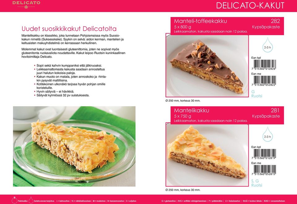 2-3 h Molemmat kakut ovat luontaisesti gluteenittomia, joten ne sopivat myös glutee nitonta ruokavaliota noudattaville. Kakut leipoo n kuninkaallinen hovitoimittaja Delicato.
