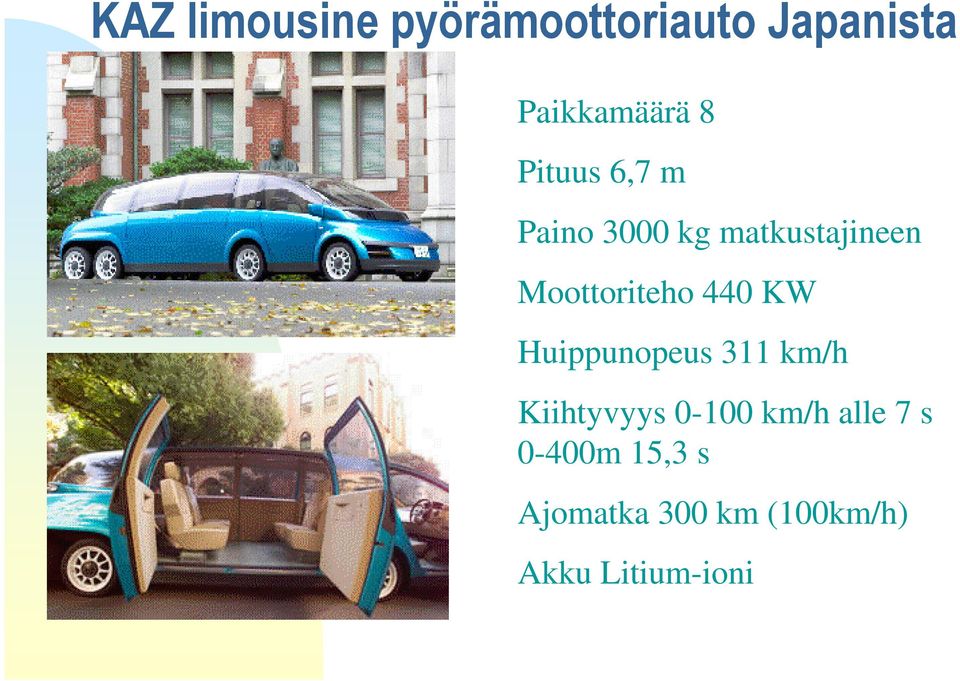 440 KW Huippunopeus 311 km/h Kiihtyvyys 0-100 km/h alle