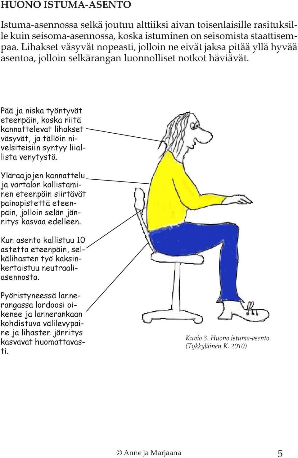 Pää ja niska työntyvät eteenpäin, koska niitä kannattelevat lihakset väsyvät, ja tällöin nivelsiteisiin syntyy liiallista venytystä.