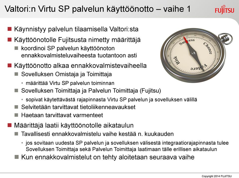 Toimittaja (Fujitsu) sopivat käytettävästä rajapinnasta Virtu SP palvelun ja sovelluksen välillä Selvitetään tarvittavat tietoliikenneavaukset Haetaan tarvittavat varmenteet Määrittäjä laatii