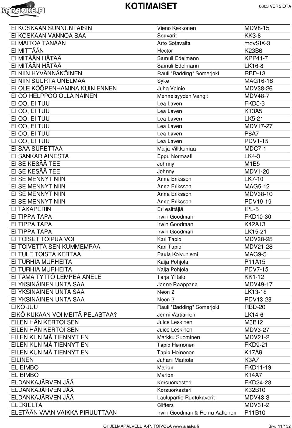 Menneisyyden Vangit MDV48-7 EI OO, EI TUU Lea Laven FKD5-3 EI OO, EI TUU Lea Laven K13A5 EI OO, EI TUU Lea Laven LK5-21 EI OO, EI TUU Lea Laven MDV17-27 EI OO, EI TUU Lea Laven P8A7 EI OO, EI TUU Lea