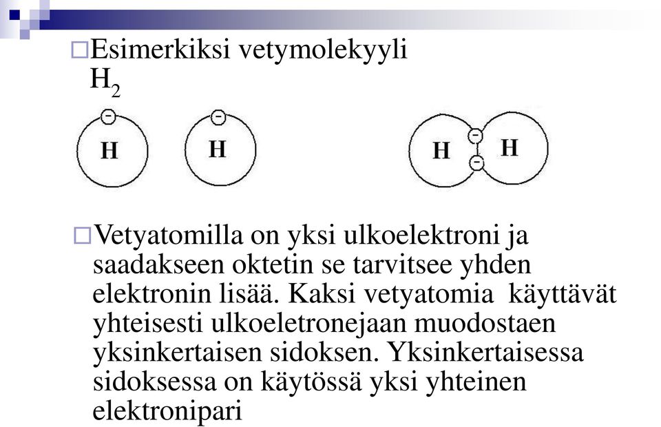 Kaksi vetyatomia käyttävät yhteisesti ulkoeletronejaan muodostaen