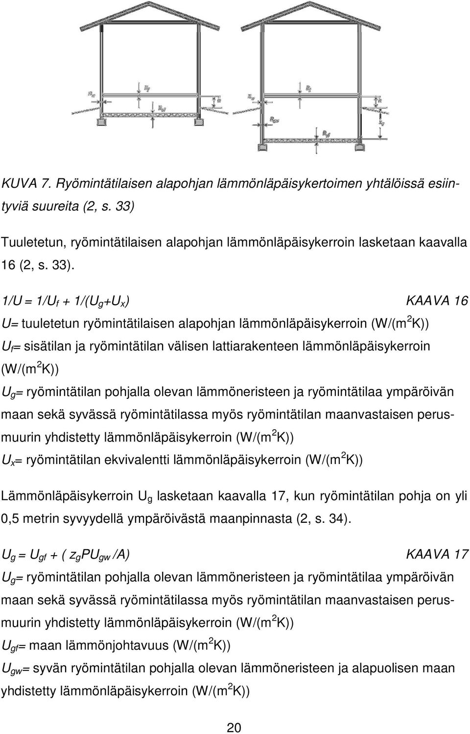 1/U = 1/U f + 1/(U g +U x ) KAAVA 16 U= tuuletetun ryömintätilaisen alapohjan lämmönläpäisykerroin (W/(m 2 K)) U f = sisätilan ja ryömintätilan välisen lattiarakenteen lämmönläpäisykerroin (W/(m 2