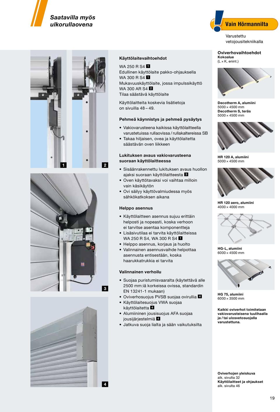 ) Decotherm A, alumiini 5000 4500 mm Decotherm S, teräs 5000 4500 mm Vakiovarusteena kaikissa käyttölaitteella varustetuissa rullaovissa / rullakaltereissa SB Takaa hiljaisen, ovea ja käyttölaitetta