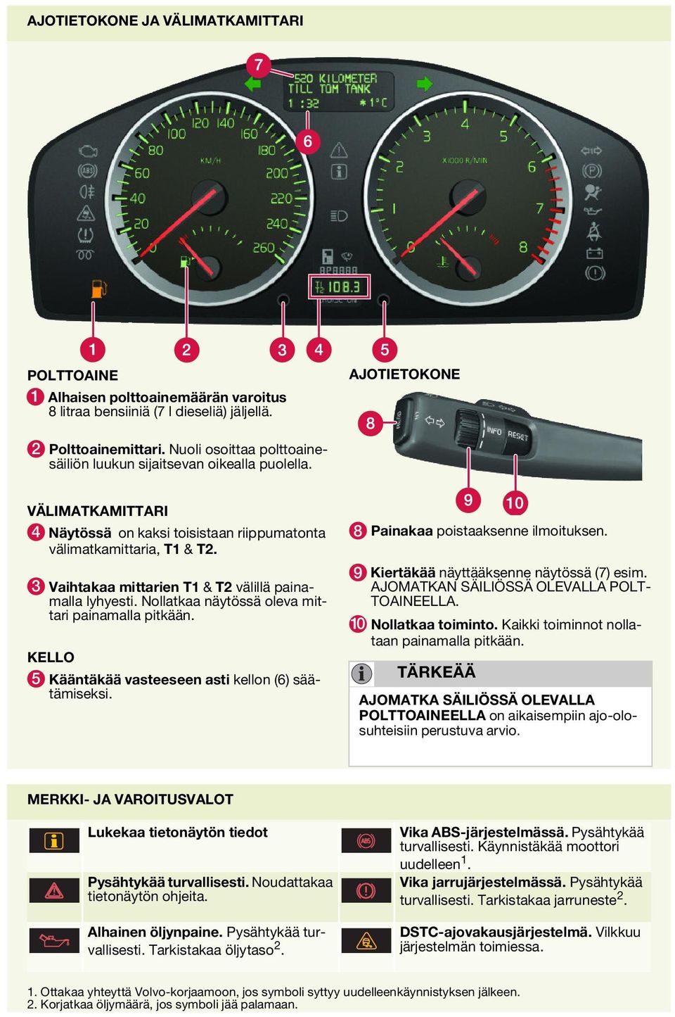 3 Vaihtakaa mittarien T1 & T välillä painamalla lyhyesti. Nollatkaa näytössä oleva mittari painamalla pitkään. KELLO 5 Kääntäkää vasteeseen asti kellon (6) säätämiseksi.