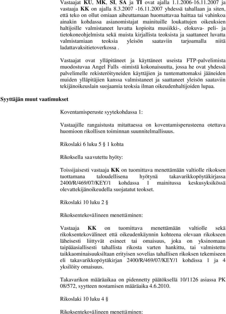 2007 yhdessä tahallaan ja siten, että teko on ollut omiaan aiheuttamaan huomattavaa haittaa tai vahinkoa ainakin kohdassa asianomistajat mainituille loukattujen oikeuksien haltijoille valmistaneet