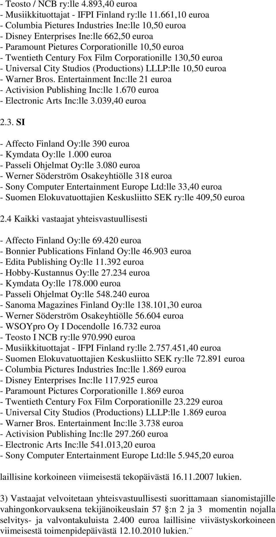 130,50 euroa - Universal City Studios (Productions) LLLP:lle 10,50 euroa - Warner Bros. Entertainment Inc:lle 21 euroa - Activision Publishing Inc:lle 1.670 euroa - Electronic Arts Inc:lle 3.