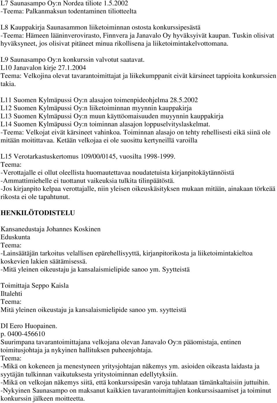 Tuskin olisivat hyväksyneet, jos olisivat pitäneet minua rikollisena ja liiketoimintakelvottomana. L9 Saunasampo Oy:n konkurssin valvotut saatavat. L10