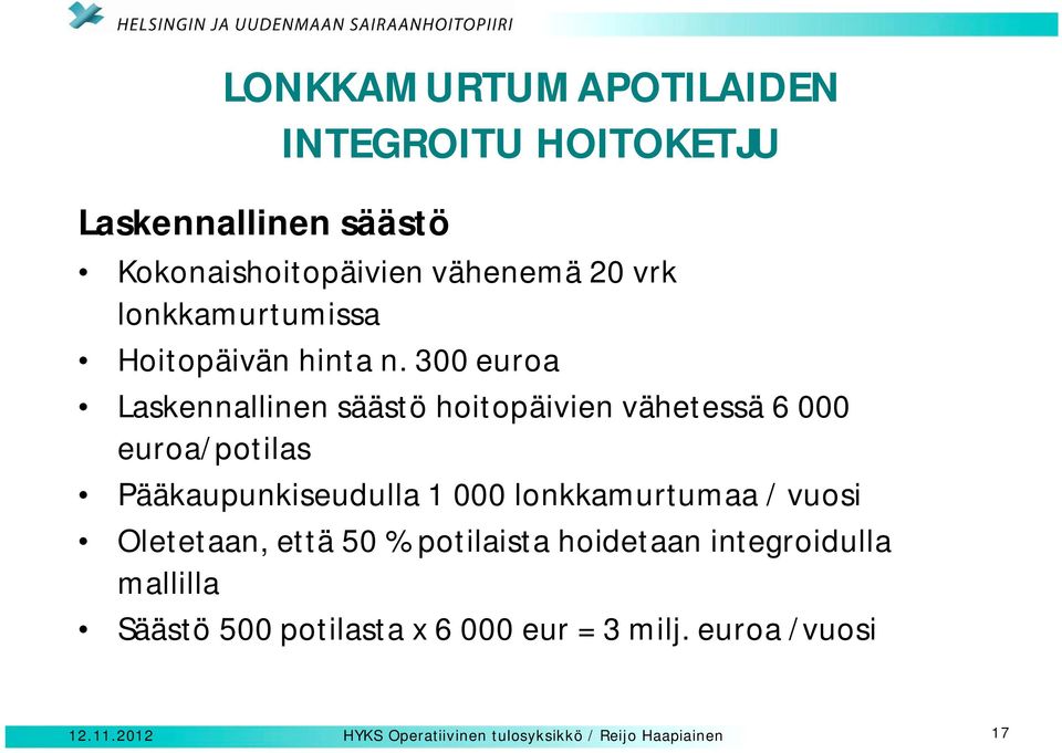 300 euroa Laskennallinen säästö hoitopäivien vähetessä 6 000 euroa/potilas Pääkaupunkiseudulla 1 000