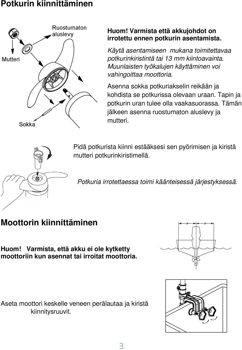 Tämän jälkeen asenna ruostumaton aluslevy ja mutteri. Pidä potkurista kiinni estääksesi sen pyörimisen ja kiristä mutteri potkurinkiristimellä.