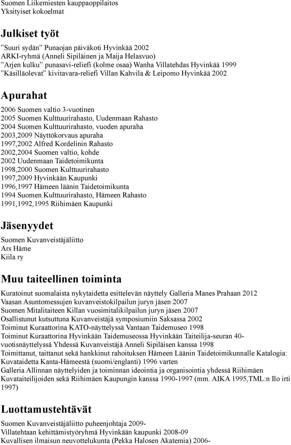 Rahasto 2004 Suomen Kulttuurirahasto, vuoden apuraha 2003,2009 Näyttökorvaus apuraha 1997,2002 Alfred Kordelinin Rahasto 2002,2004 Suomen valtio, kohde 2002 Uudenmaan Taidetoimikunta 1998,2000 Suomen