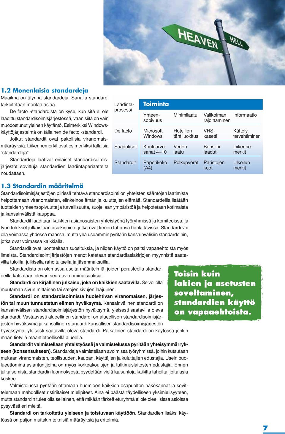 Esimerkiksi Windowskäyttöjärjestelmä on tällainen de facto -standardi. Jotkut standardit ovat pakollisia viranomaismääräyksiä. Liikennemerkit ovat esimerkiksi tällaisia standardeja.