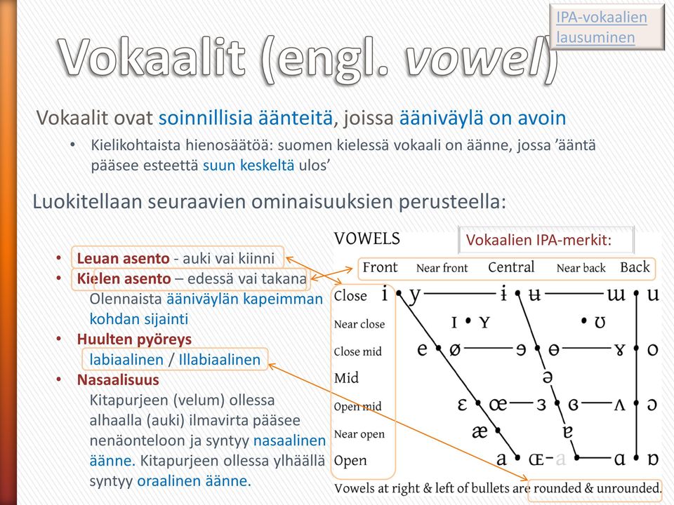 asento edessä vai takana Olennaista ääniväylän kapeimman kohdan sijainti Huulten pyöreys labiaalinen / Illabiaalinen Nasaalisuus Kitapurjeen (velum)