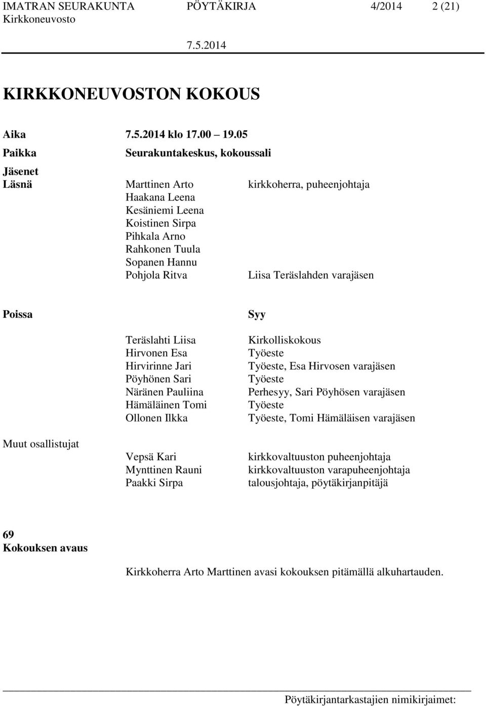 Liisa Teräslahden varajäsen Poissa Syy Muut osallistujat Teräslahti Liisa Hirvonen Esa Hirvirinne Jari Pöyhönen Sari Näränen Pauliina Hämäläinen Tomi Ollonen Ilkka Vepsä Kari Mynttinen Rauni Paakki