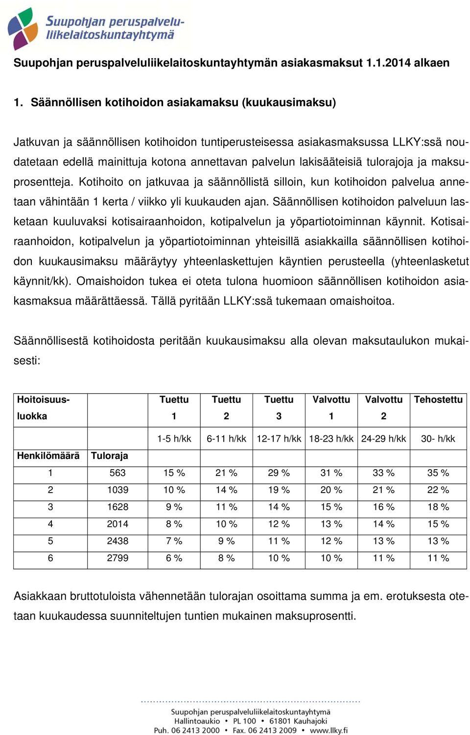 lakisääteisiä tulorajoja ja maksuprosentteja. Kotihoito on jatkuvaa ja säännöllistä silloin, kun kotihoidon palvelua annetaan vähintään 1 kerta / viikko yli kuukauden ajan.