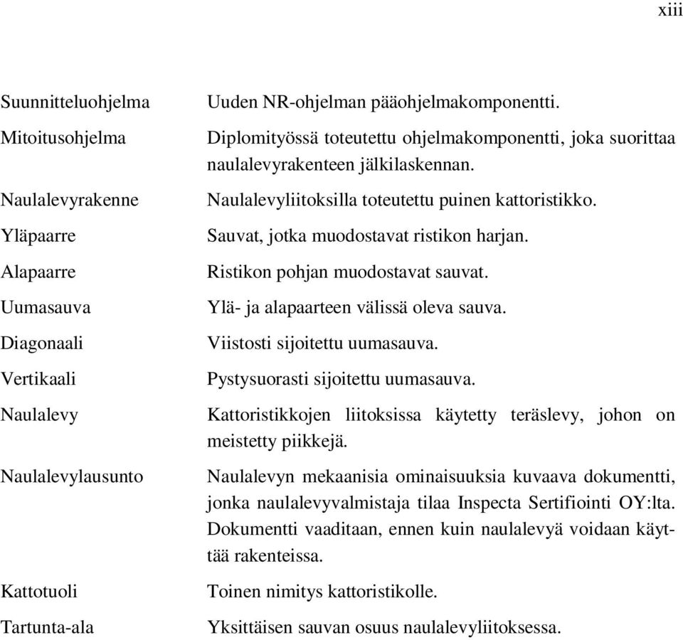 Sauvat, jotka muodostavat ristikon harjan. Ristikon pohjan muodostavat sauvat. Ylä- ja alapaarteen välissä oleva sauva. Viistosti sijoitettu uumasauva. Pystysuorasti sijoitettu uumasauva.