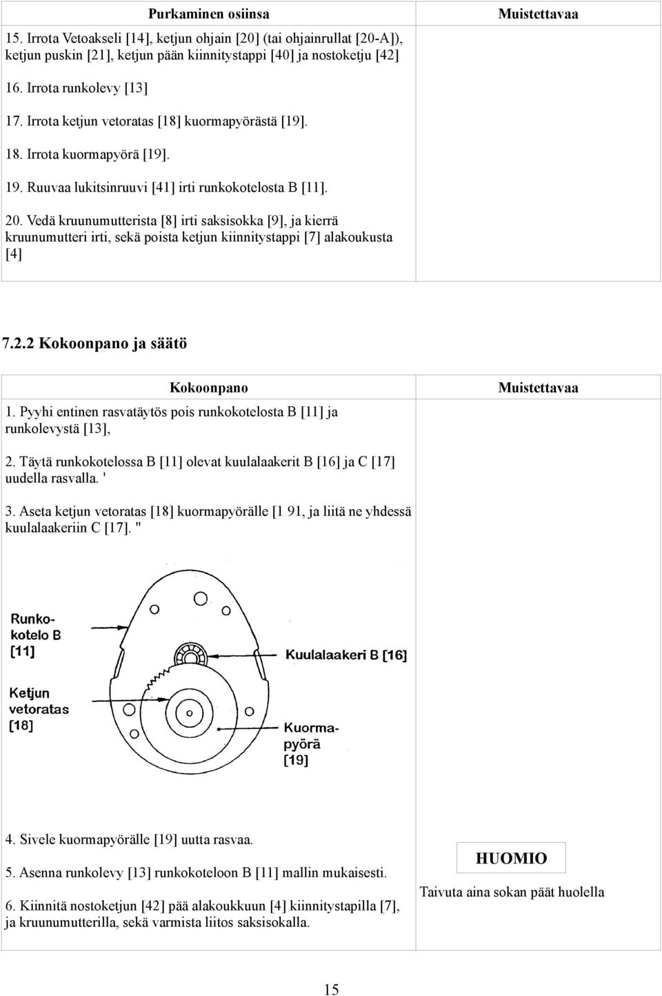 Vedä kruunumutterista [8] irti saksisokka [9], ja kierrä kruunumutteri irti, sekä poista ketjun kiinnitystappi [7] alakoukusta [4] 7.. Kokoonpano ja säätö Kokoonpano Muistettavaa.