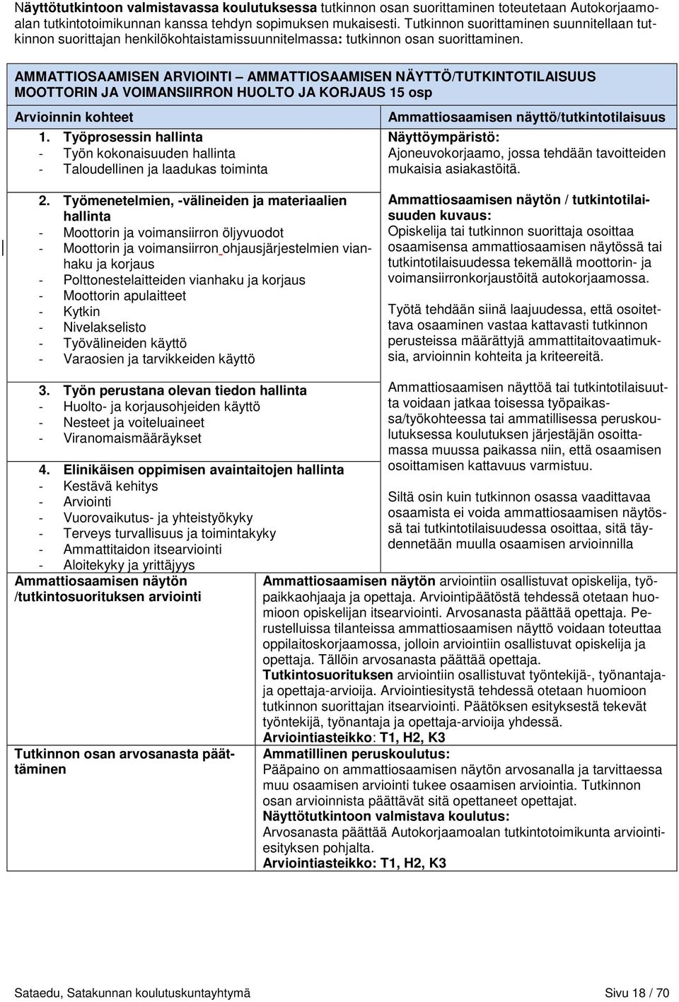 AMMATTIOSAAMISEN ARVIOINTI AMMATTIOSAAMISEN NÄYTTÖ/TUTKINTOTILAISUUS MOOTTORIN JA VOIMANSIIRRON HUOLTO JA KORJAUS 15 osp Arvioinnin kohteet 1.