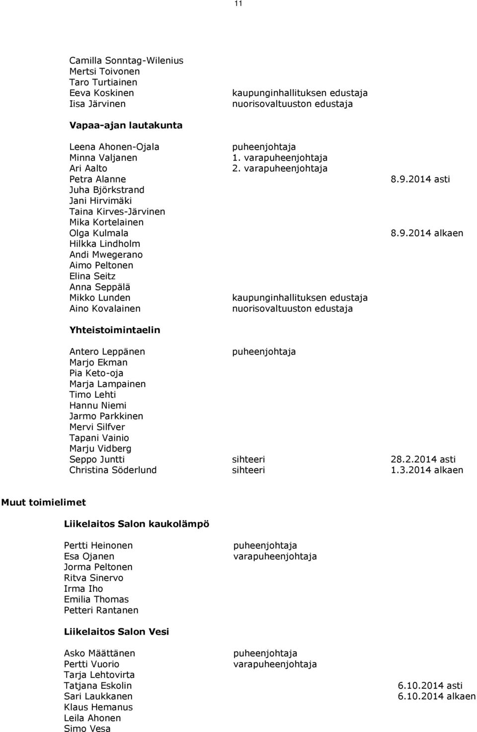 Aino Kovalainen Yhteistoimintaelin puheenjohtaja 1. varapuheenjohtaja 2. varapuheenjohtaja kaupunginhallituksen edustaja nuorisovaltuuston edustaja 8.9.