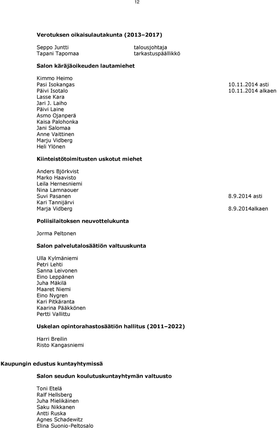 2014 asti 10.11.2014 alkaen Kiinteistötoimitusten uskotut miehet Anders Björkvist Marko Haavisto Leila Hernesniemi Nina Lamnaouer Suvi Pasanen Kari Tannijärvi Marja Vidberg 8.9.