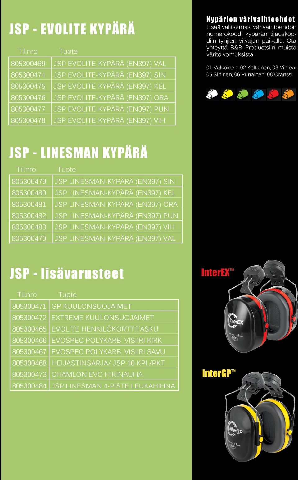 (EN397) PUN 80530078 JSP EVOLITE-KYPÄRÄ (EN397) VIH Kypärien värivaihtoehdot Lisää valitsemasi värivaihtoehdon numerokoodi kypärän tilauskoodiin tyhjien viivojen paikalle.