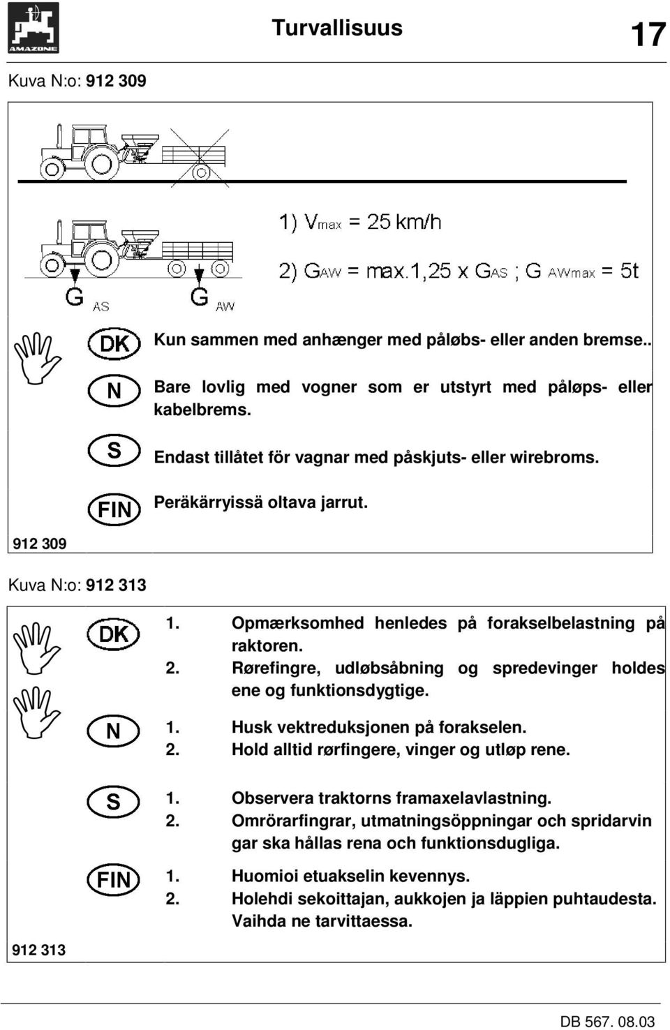 Rørefingre, udløbsåbning og spredevinger holdes ene og funktionsdygtige. 1. Husk vektreduksjonen på forakselen. 2. Hold alltid rørfingere, vinger og utløp rene. 1. Observera traktorns framaxelavlastning.