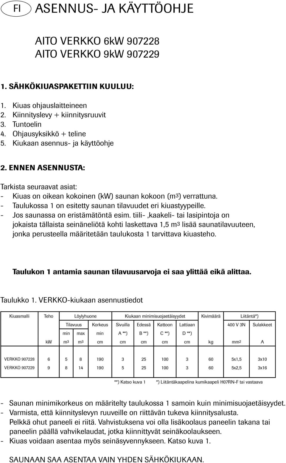 - Taulukossa 1 on esitetty saunan tilavuudet eri kiuastyypeille. - Jos saunassa on eristämätöntä esim.