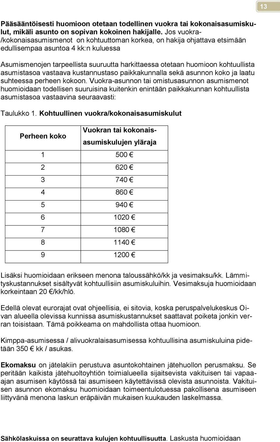 kohtuullista asumistasoa vastaava kustannustaso paikkakunnalla sekä asunnon koko ja laatu suhteessa perheen kokoon.