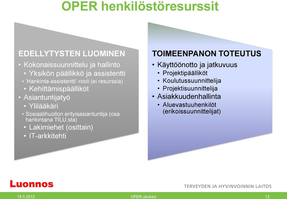 erityisasiantuntija (osa hankintana TILU:sta) Lakimiehet (osittain) IT-arkkitehti TOIMEENPANON TOTEUTUS Käyttöönotto ja