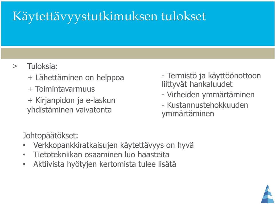 - Virheiden ymmärtäminen - Kustannustehokkuuden ymmärtäminen Johtopäätökset: