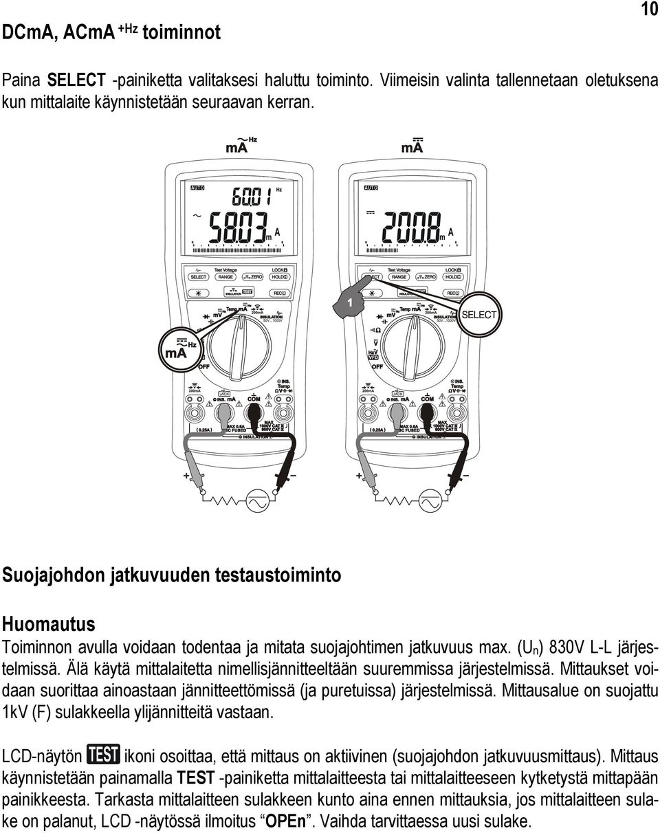 Älä käytä mittalaitetta nimellisjännitteeltään suuremmissa järjestelmissä. Mittaukset voidaan suorittaa ainoastaan jännitteettömissä (ja puretuissa) järjestelmissä.