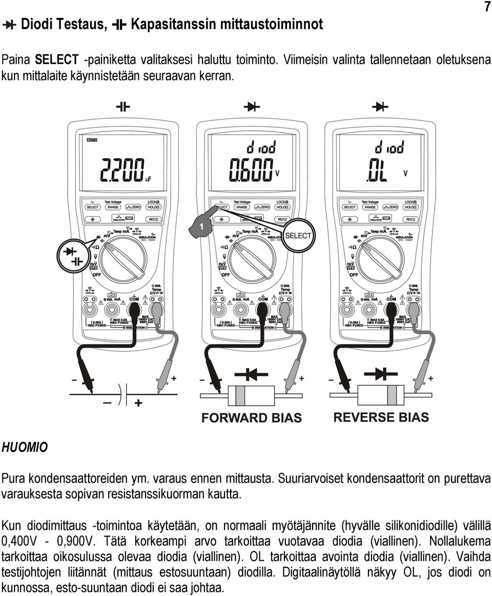 Kun diodimittaus -toimintoa käytetään, on normaali myötäjännite (hyvälle silikonidiodille) välillä 0,400V - 0,900V. Tätä korkeampi arvo tarkoittaa vuotavaa diodia (viallinen).