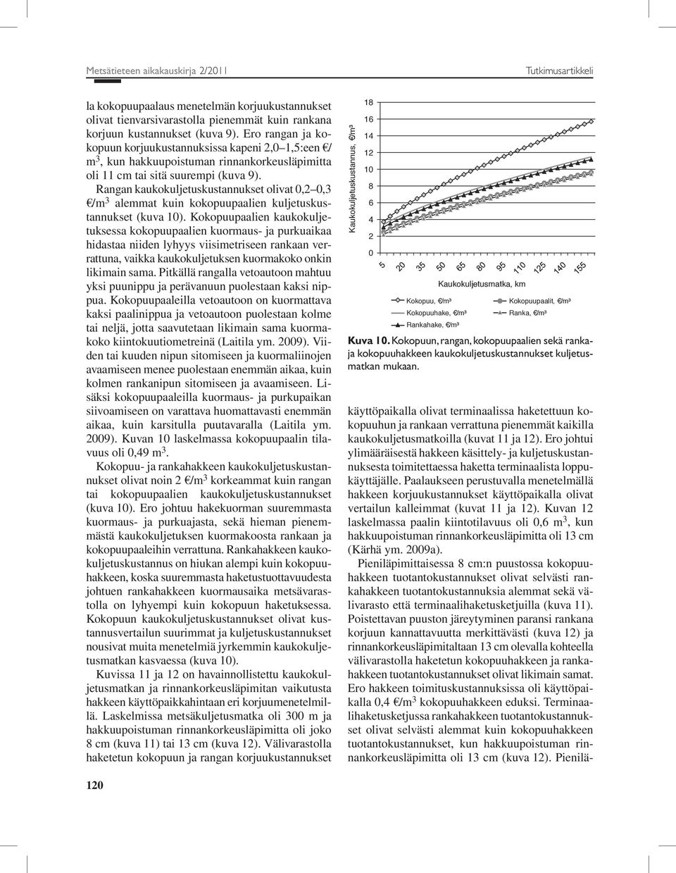 Rangan kaukokuljetuskustannukset olivat 0,2 0,3 /m 3 alemmat kuin kokopuupaalien kuljetuskustannukset (kuva 10).