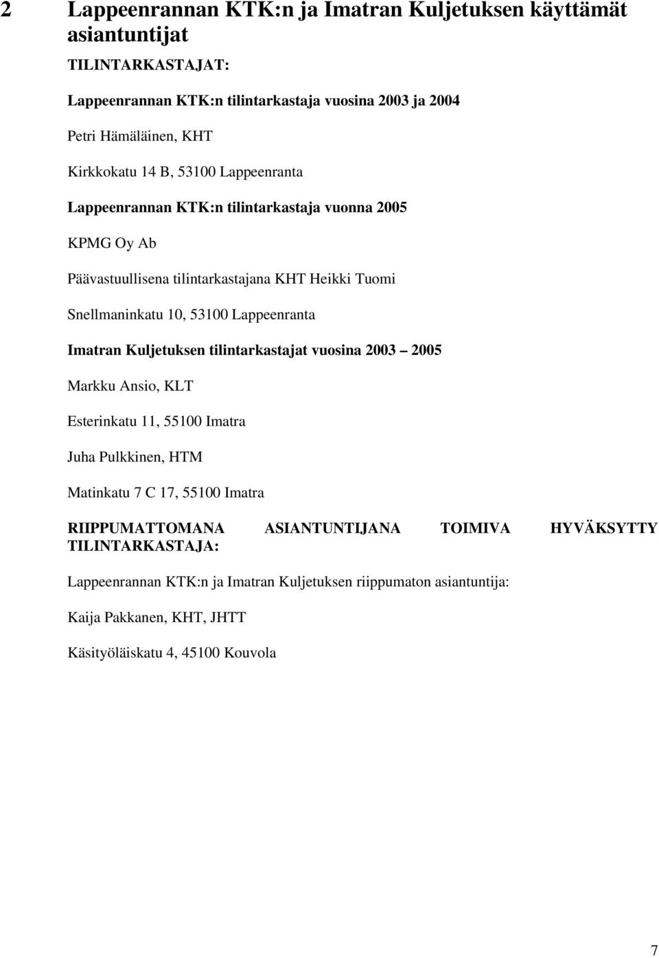Lappeenranta Imatran Kuljetuksen tilintarkastajat vuosina 2003 2005 Markku Ansio, KLT Esterinkatu 11, 55100 Imatra Juha Pulkkinen, HTM Matinkatu 7 C 17, 55100 Imatra