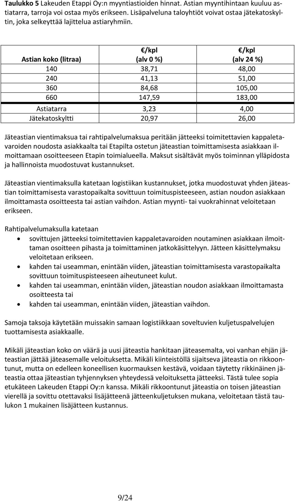 Astian koko (litraa) /kpl /kpl 140 38,71 48,00 240 41,13 51,00 360 84,68 105,00 660 147,59 183,00 Astiatarra 3,23 4,00 Jätekatoskyltti 20,97 26,00 Jäteastian vientimaksua tai rahtipalvelumaksua