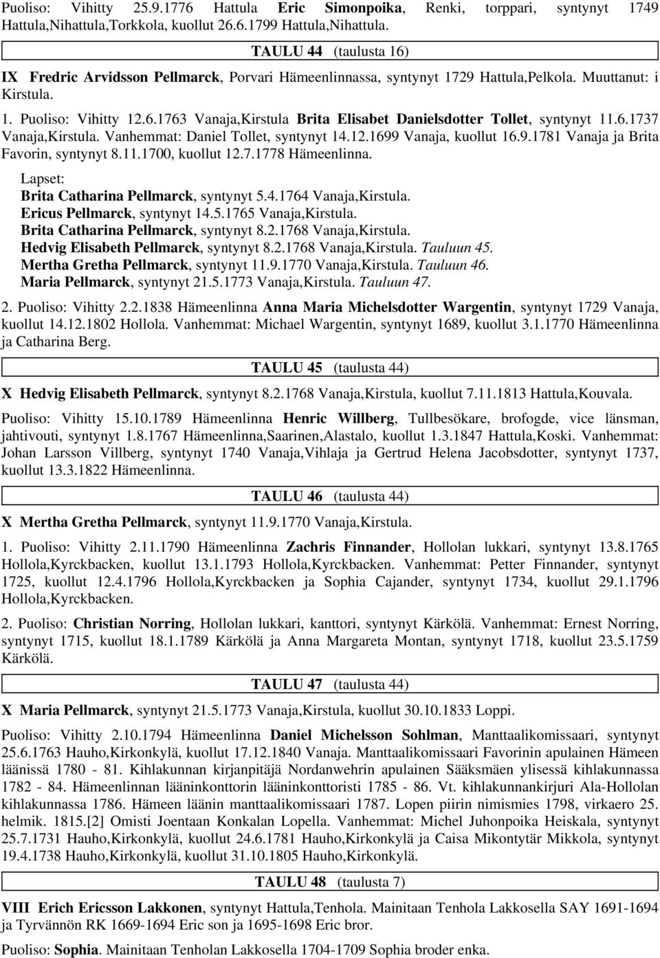 6.1737 Vanaja,Kirstula. Vanhemmat: Daniel Tollet, syntynyt 14.12.1699 Vanaja, kuollut 16.9.1781 Vanaja ja Brita Favorin, syntynyt 8.11.1700, kuollut 12.7.1778 Hämeenlinna.