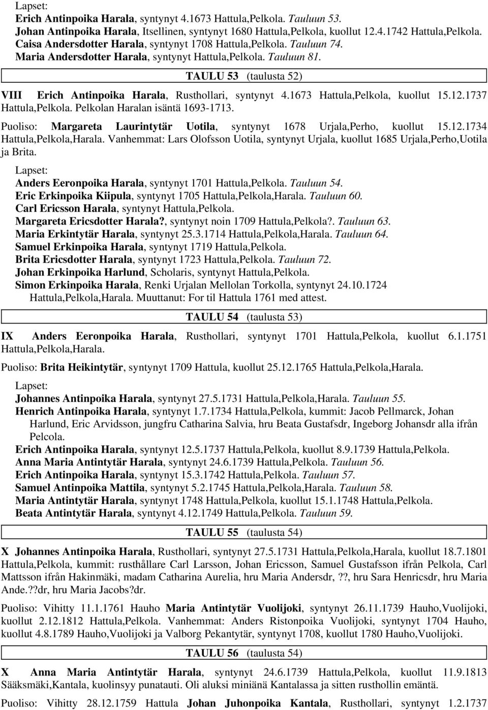 TAULU 53 (taulusta 52) VIII Erich Antinpoika Harala, Rusthollari, syntynyt 4.1673 Hattula,Pelkola, kuollut 15.12.1737 Hattula,Pelkola. Pelkolan Haralan isäntä 1693-1713.