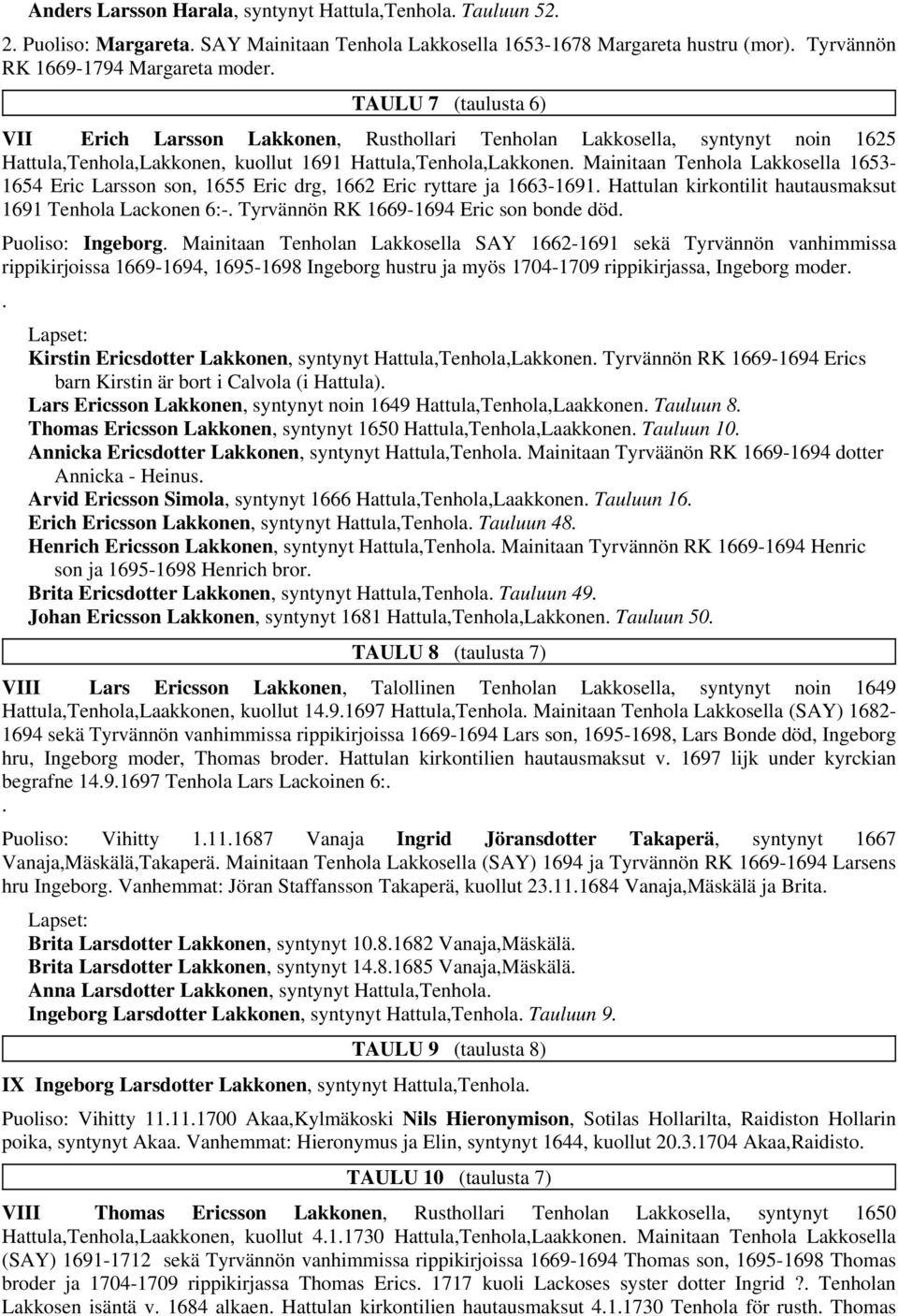 Mainitaan Tenhola Lakkosella 1653-1654 Eric Larsson son, 1655 Eric drg, 1662 Eric ryttare ja 1663-1691. Hattulan kirkontilit hautausmaksut 1691 Tenhola Lackonen 6:-.