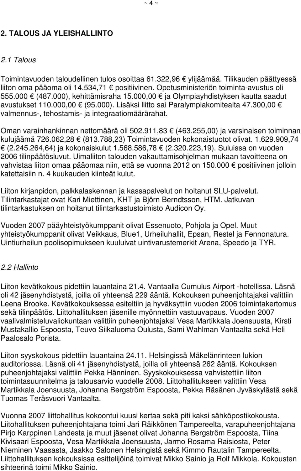 300,00 valmennus-, tehostamis- ja integraatiomäärärahat. Oman varainhankinnan nettomäärä oli 502.911,83 (463.255,00) ja varsinaisen toiminnan kulujäämä 726.062,28 (813.