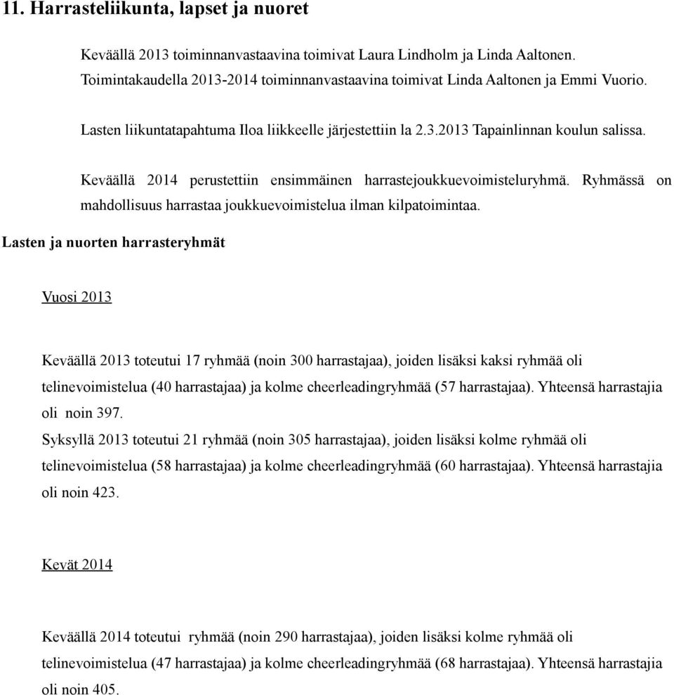 Keväällä 2014 perustettiin ensimmäinen harrastejoukkuevoimisteluryhmä. Ryhmässä on mahdollisuus harrastaa joukkuevoimistelua ilman kilpatoimintaa.