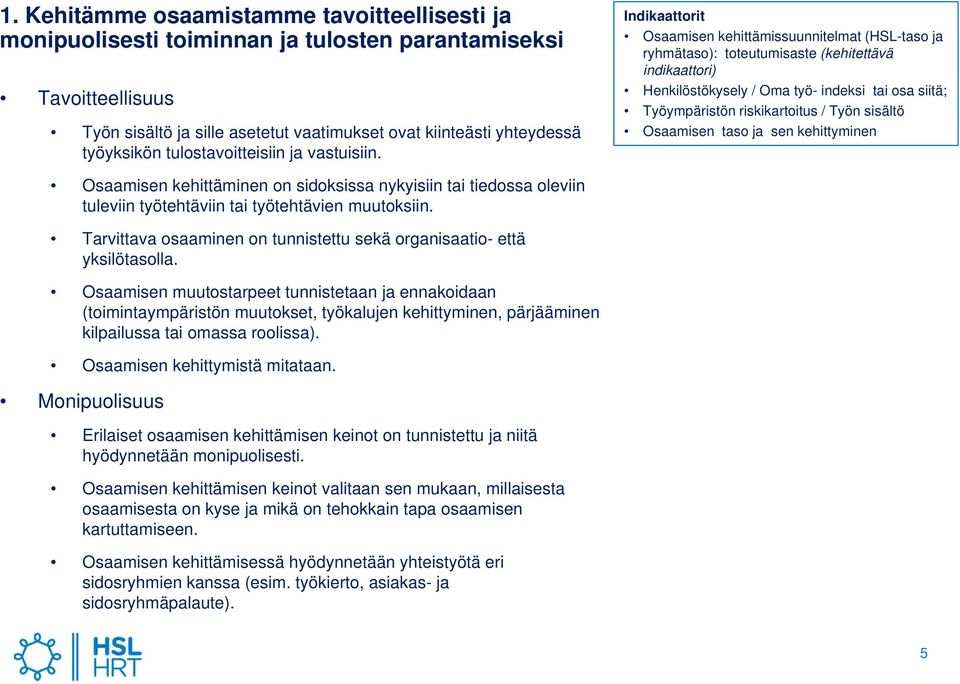 Indikaattorit Osaamisen kehittämissuunnitelmat (HSL-taso ja ryhmätaso): toteutumisaste (kehitettävä indikaattori) Henkilöstökysely / Oma työ- indeksi tai osa siitä; Työympäristön riskikartoitus /
