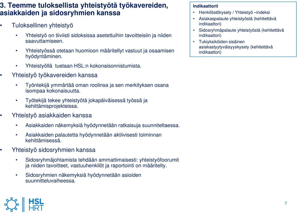 Yhteistyö työkavereiden kanssa Työntekijä ymmärtää oman roolinsa ja sen merkityksen osana isompaa kokonaisuutta. Työtekijä tekee yhteistyötä jokapäiväisessä työssä ja kehittämisprojekteissa.