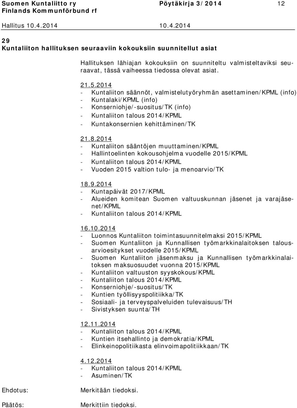 2014 - Kuntaliiton säännöt, valmistelutyöryhmän asettaminen/kpml (info) - Kuntalaki/KPML (info) - Konserniohje/-suositus/TK (info) - Kuntaliiton talous 2014/KPML - Kuntakonsernien kehittäminen/tk 21.