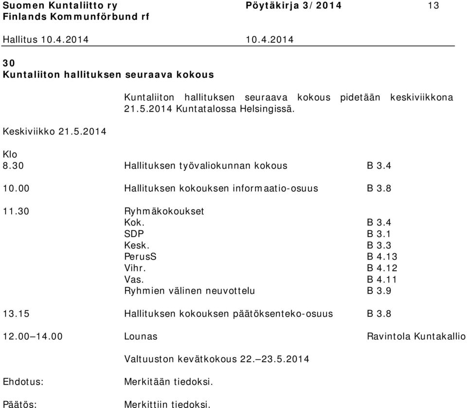 4 10.00 Hallituksen kokouksen informaatio-osuus B 3.8 11.30 Ryhmäkokoukset Kok. B 3.4 SDP B 3.1 Kesk. B 3.3 PerusS B 4.