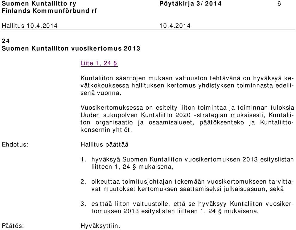 Vuosikertomuksessa on esitelty liiton toimintaa ja toiminnan tuloksia Uuden sukupolven Kuntaliitto 2020 -strategian mukaisesti, Kuntaliiton organisaatio ja osaamisalueet, päätöksenteko ja