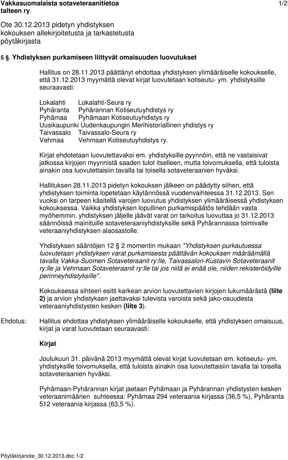 2013 myymättä olevat kirjat luovutetaan kotiseutu- ym.